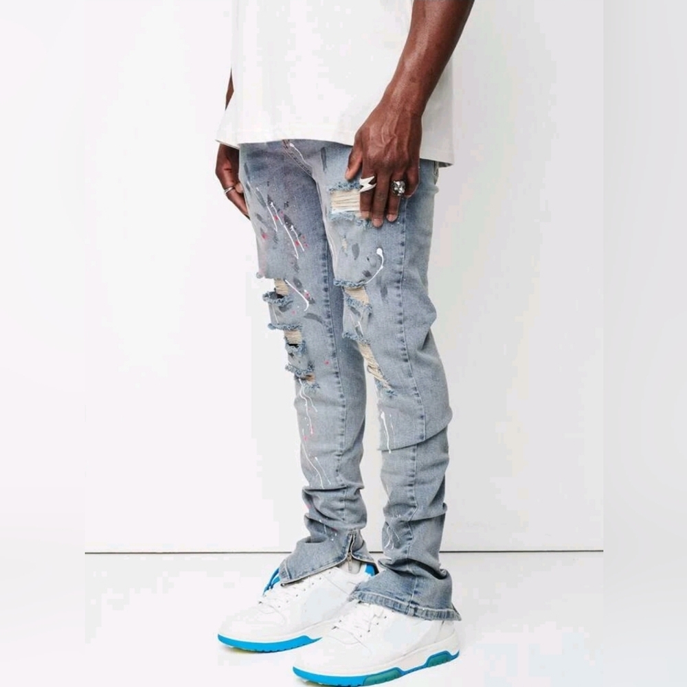 ROMWE Guys Ripped Zipper Hem Jeans - Picture 2 of 7
